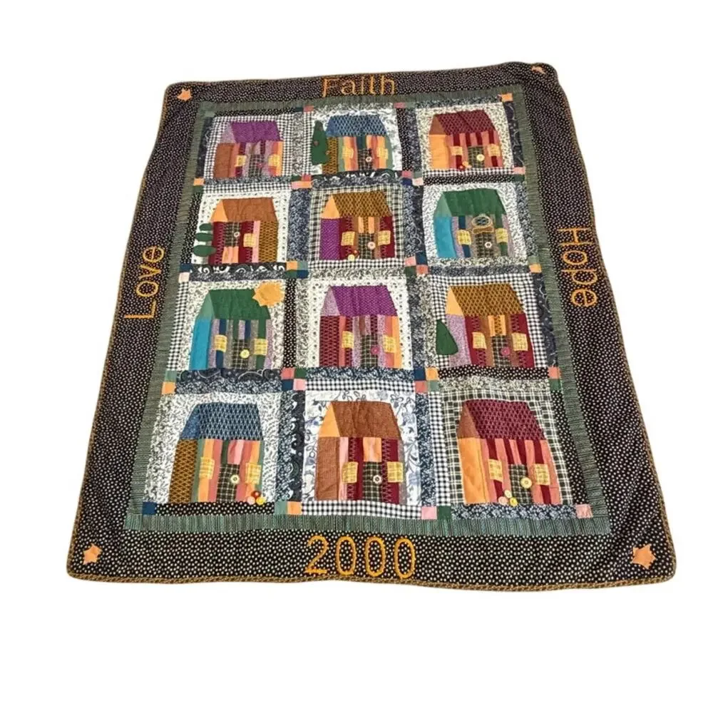 Vintage Handmade Little House Quilt 2000 Village Hand Stitched 48